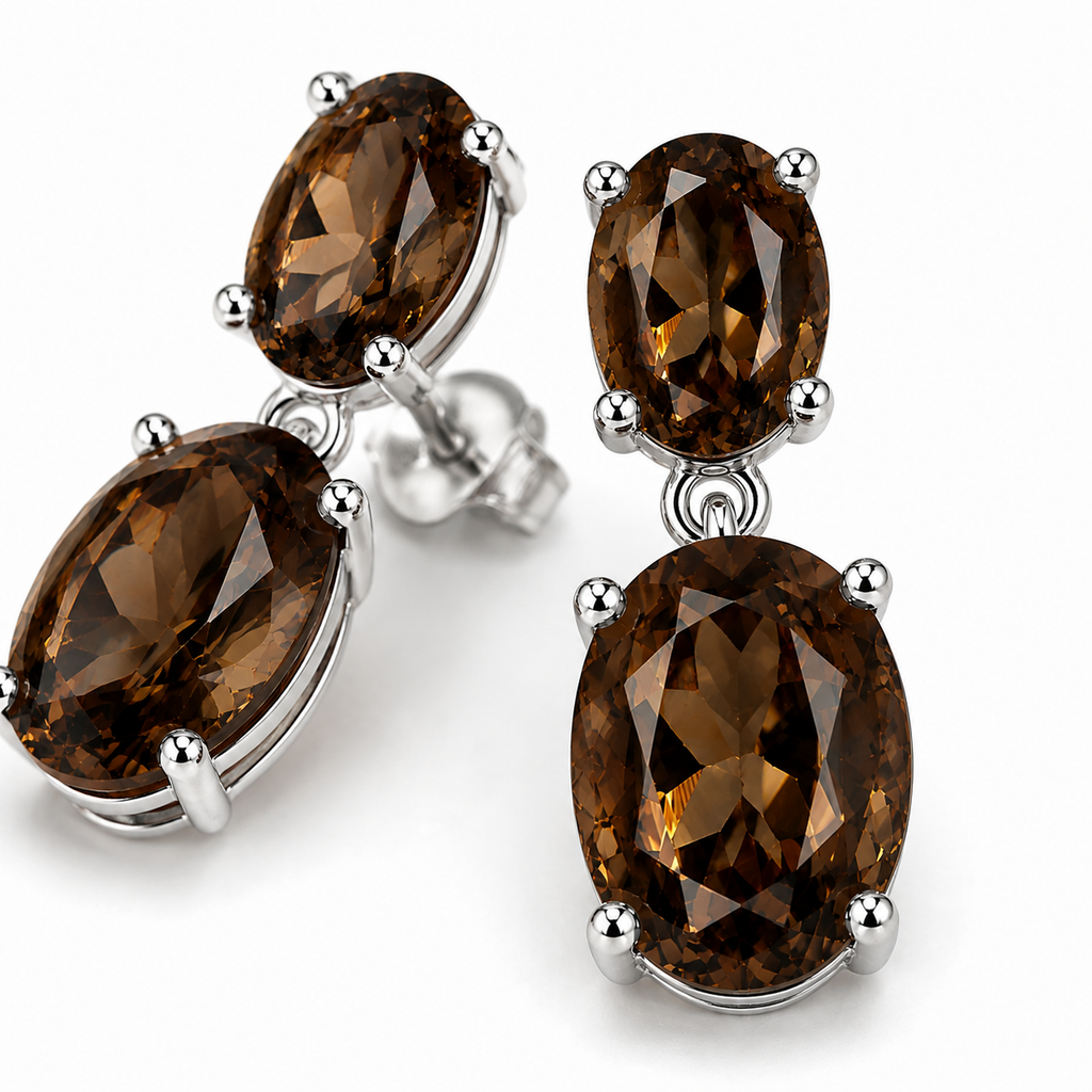 Close-up of faceted 8x10mm smoky quartz gemstone in sterling silver setting