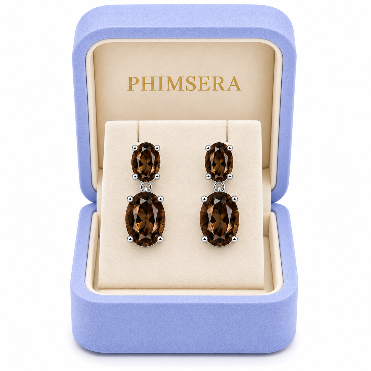 Natural smoky quartz dangle earrings with 4x6mm and 8x10mm oval gemstones in a Phimsera Box