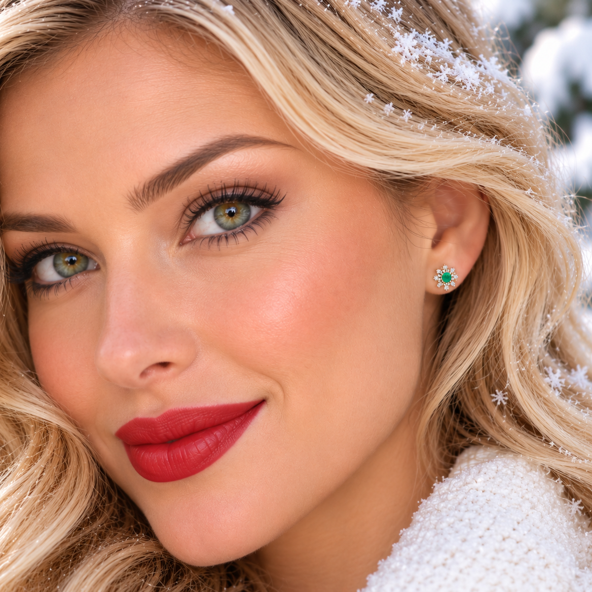 Natural Emerald 3mm Round Snowflake Stud Earrings with CZ in 925 Sterling Silver