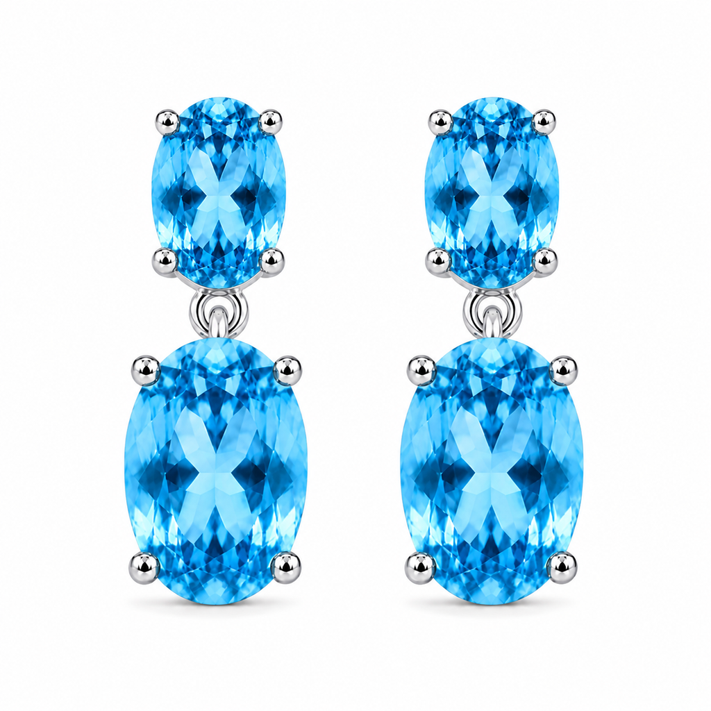 Natural Swiss Blue Topaz dangle earrings with 8x10mm and 4x6mm oval gemstones in 925 sterling silver