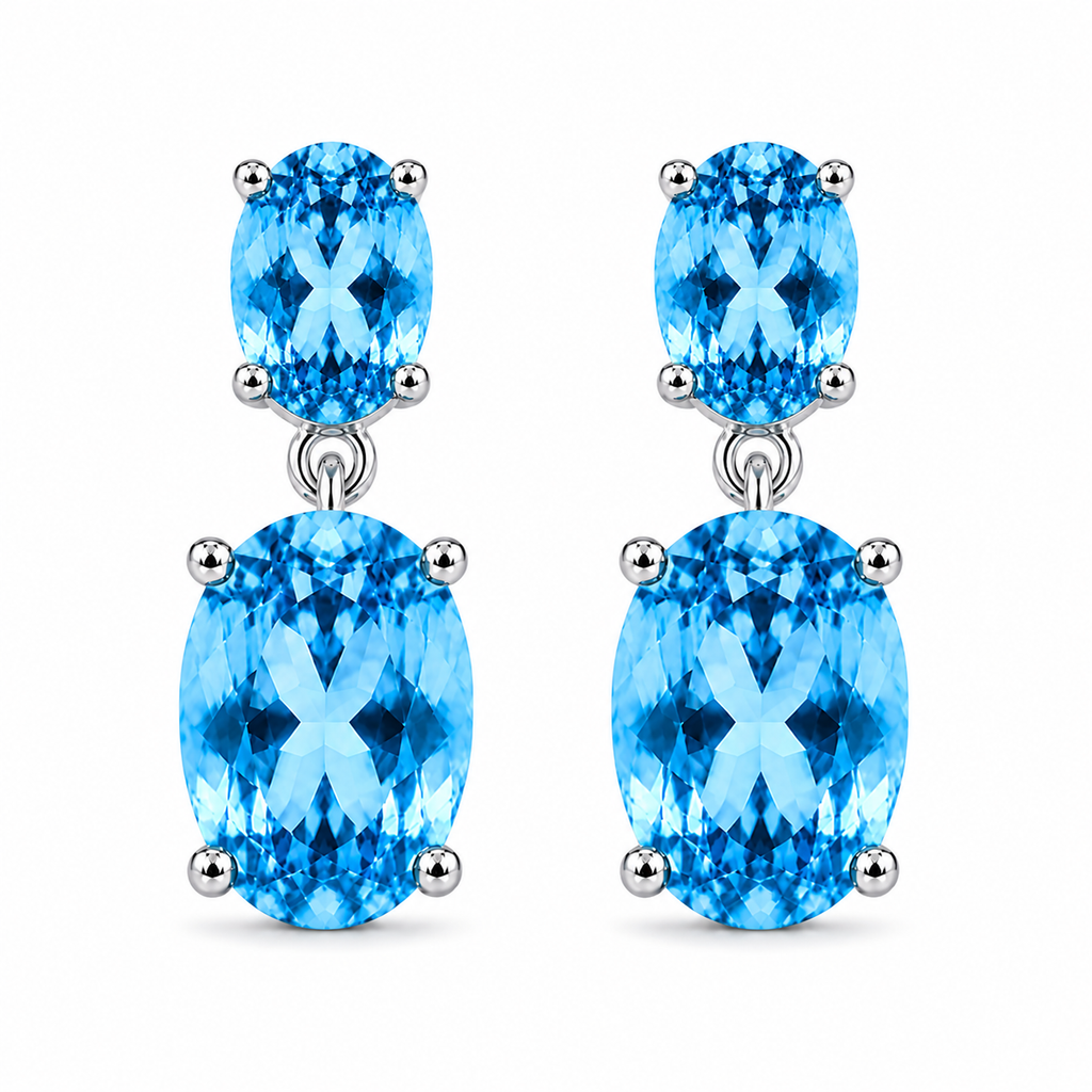 Natural Swiss Blue Topaz earrings showing the graduated 8x10mm and 4x6mm gemstone design