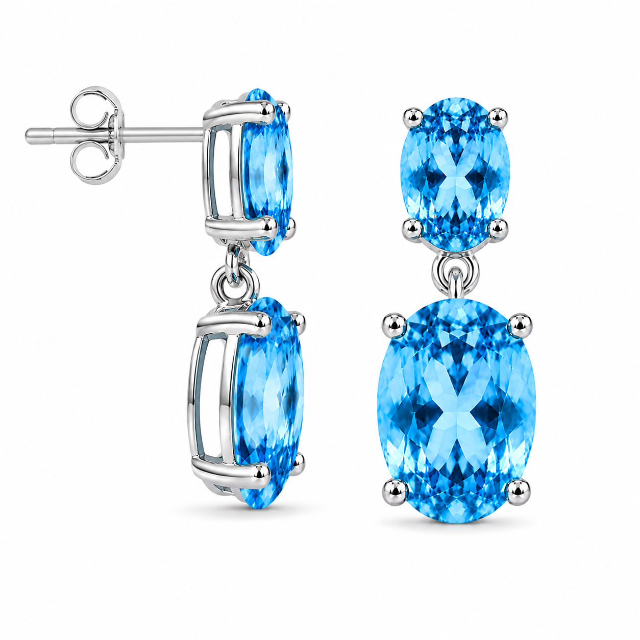 Side view of natural Swiss Blue Topaz dangle earrings in polished 925 sterling silver