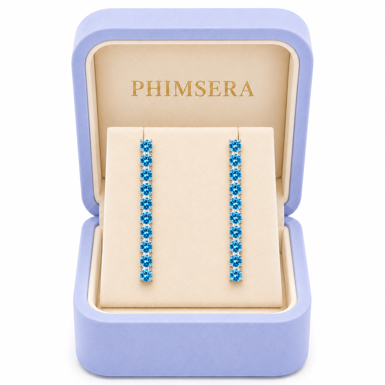 Swiss Blue Topaz dangle earrings presented in a Phimsera jewelry box