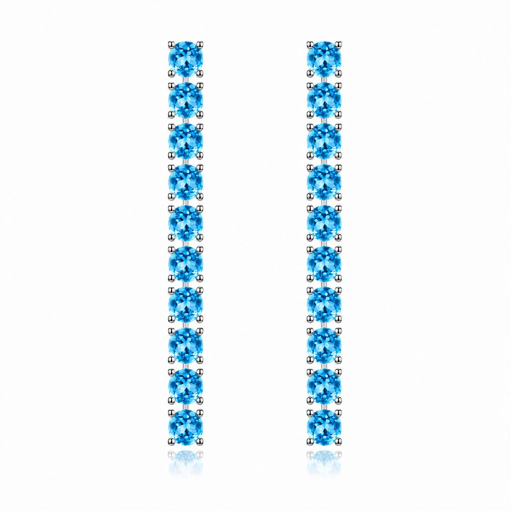 3mm Swiss Blue Topaz dangle earrings in 925 sterling silver on a white background