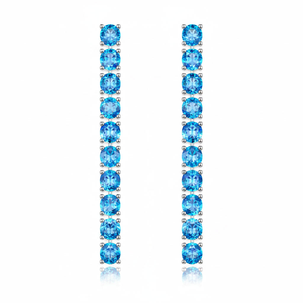Front view of 3mm round Swiss Blue Topaz gemstones set in sterling silver dangle earrings