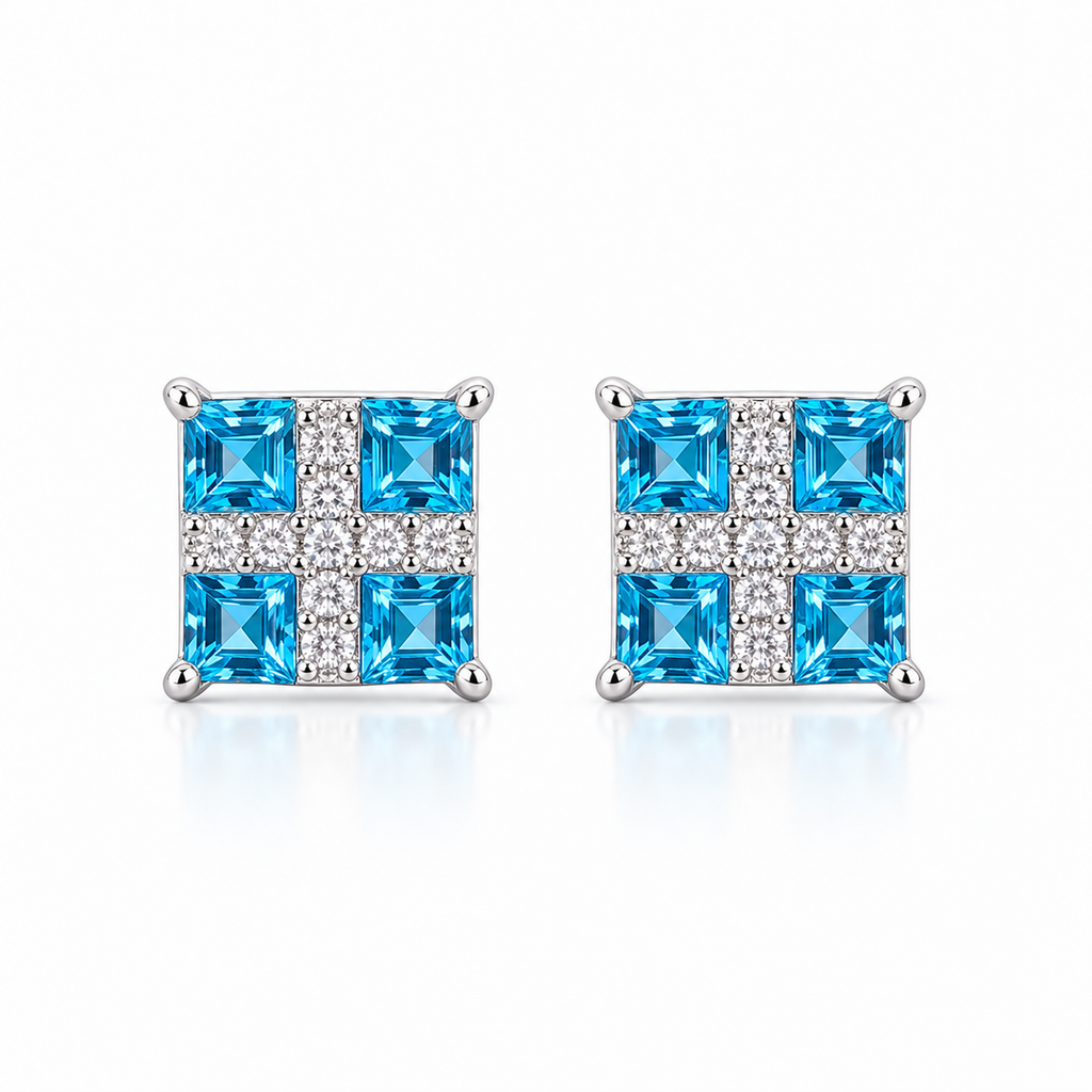 Swiss Blue Topaz stud earrings with four 3mm square blue gemstones in sterling silver