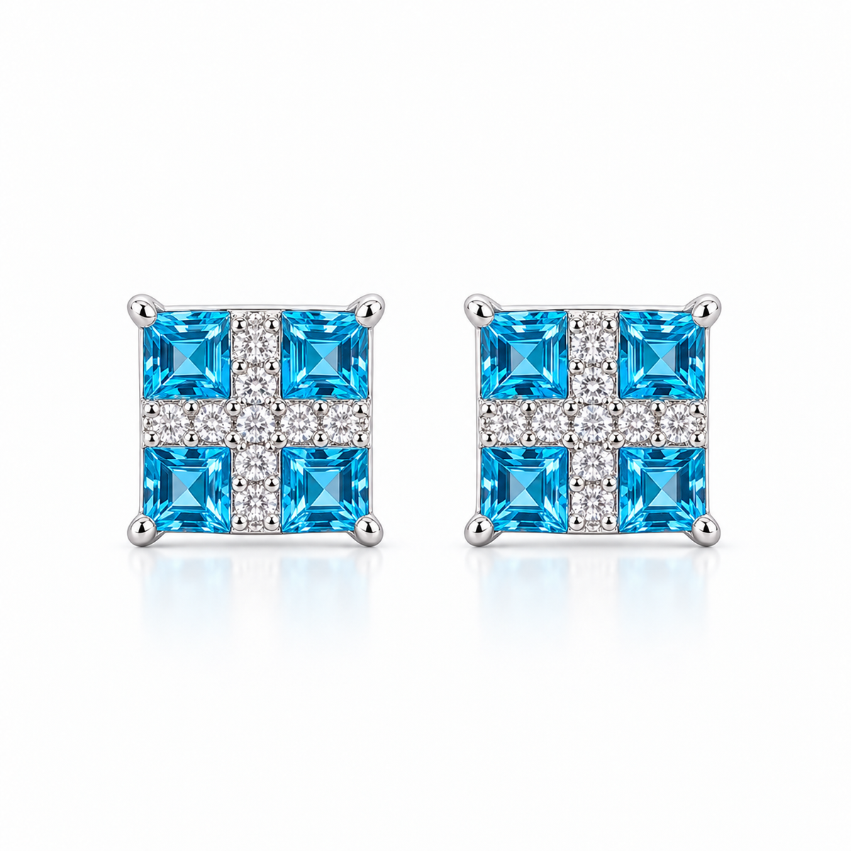 Swiss Blue Topaz stud earrings with four 3mm square blue gemstones in sterling silver
