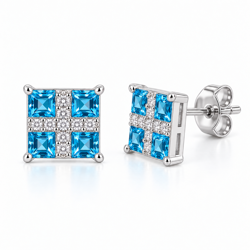 Swiss Blue Topaz square stud earrings with faceted blue gemstones and clear accent stones
