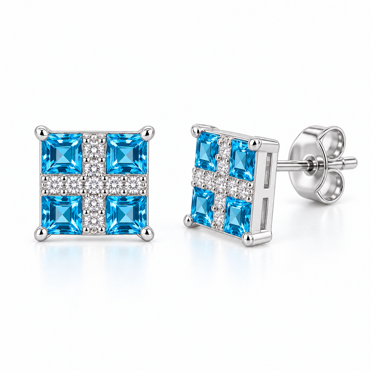 Swiss Blue Topaz square stud earrings with faceted blue gemstones and clear accent stones
