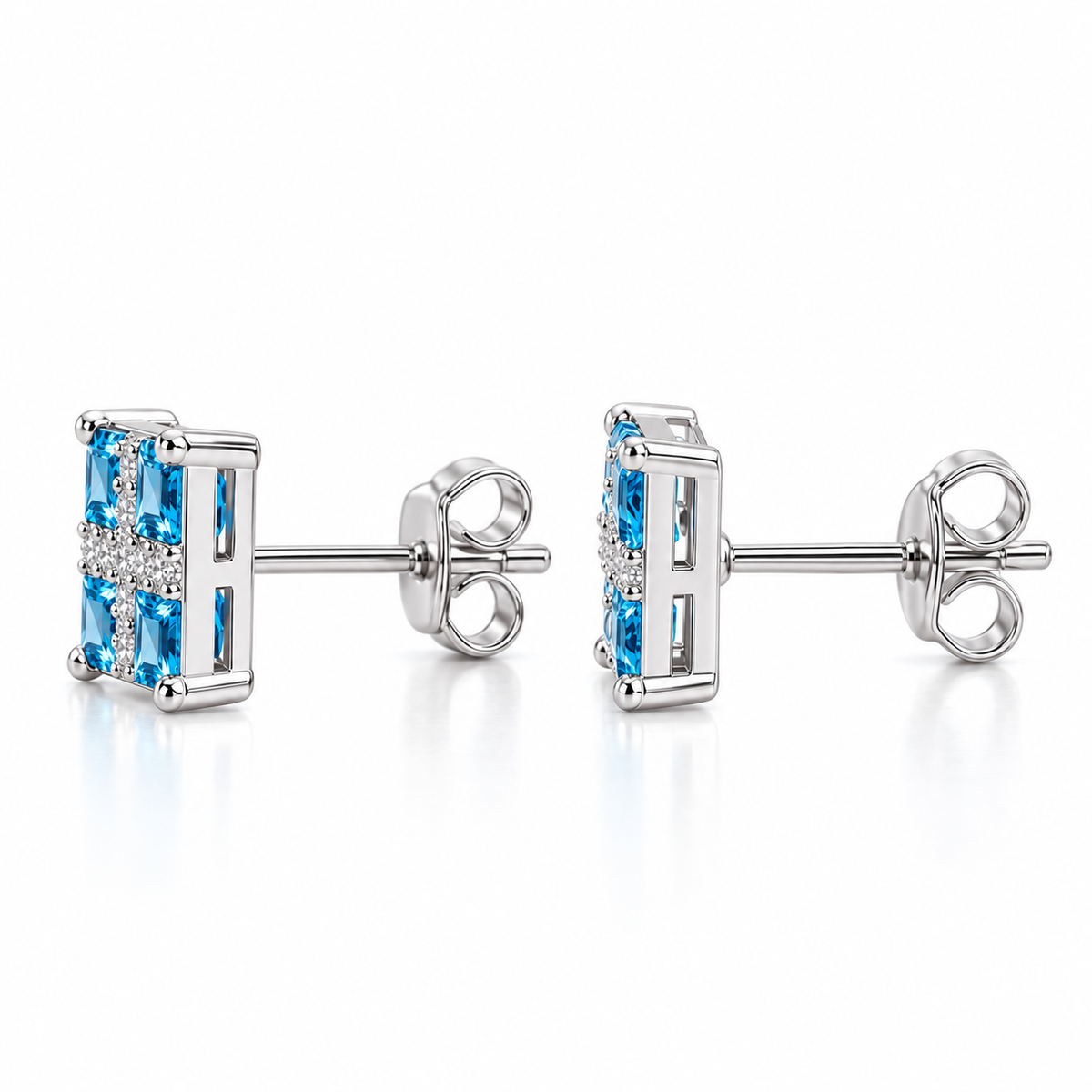 Side view of Swiss Blue Topaz square stud earrings with 3mm gemstones in sterling silver