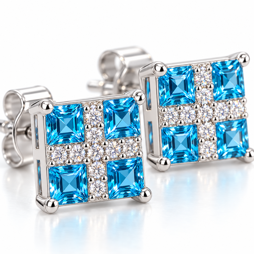Close-up of faceted 3mm Swiss Blue Topaz gemstones in geometric stud earrings