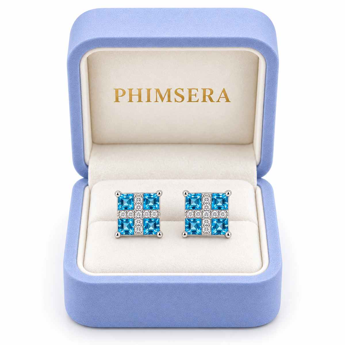 Swiss Blue Topaz square stud earrings displayed in a Phimsera jewelry box