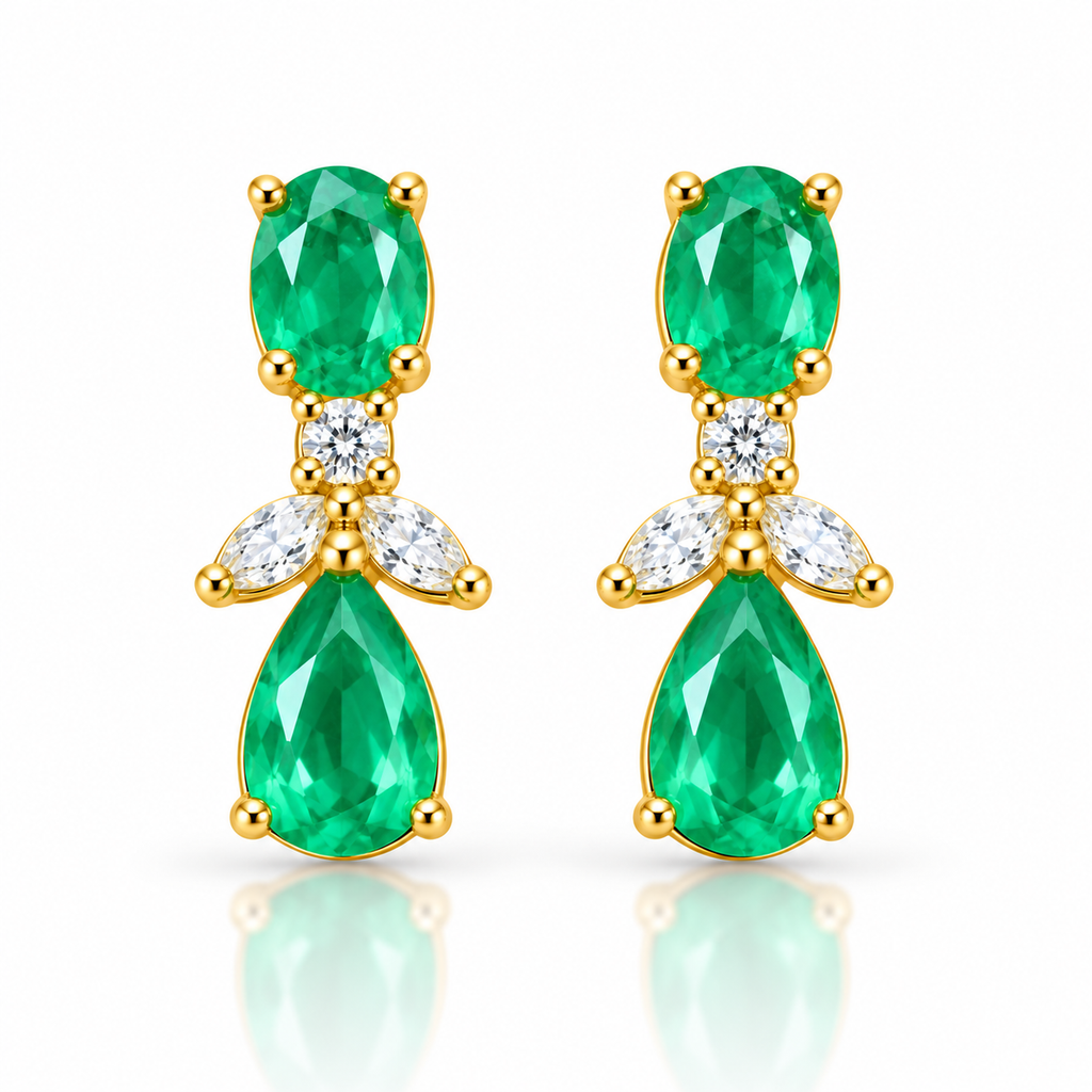 Natural Emerald 4x6mm Oval and Pear Cut Drop Earrings in Gold Plated 925 Sterling Silver