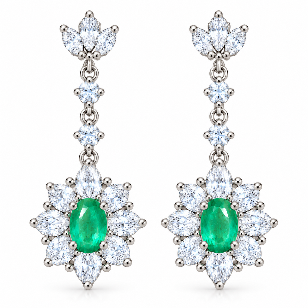 Natural Emerald 4x6mm Oval Floral Halo Dangle Earrings in 925 Sterling Silver with CZ