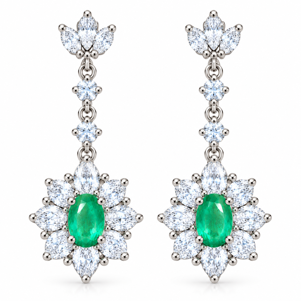 Natural Emerald 4x6mm Oval Floral Halo Dangle Earrings in 925 Sterling Silver with CZ