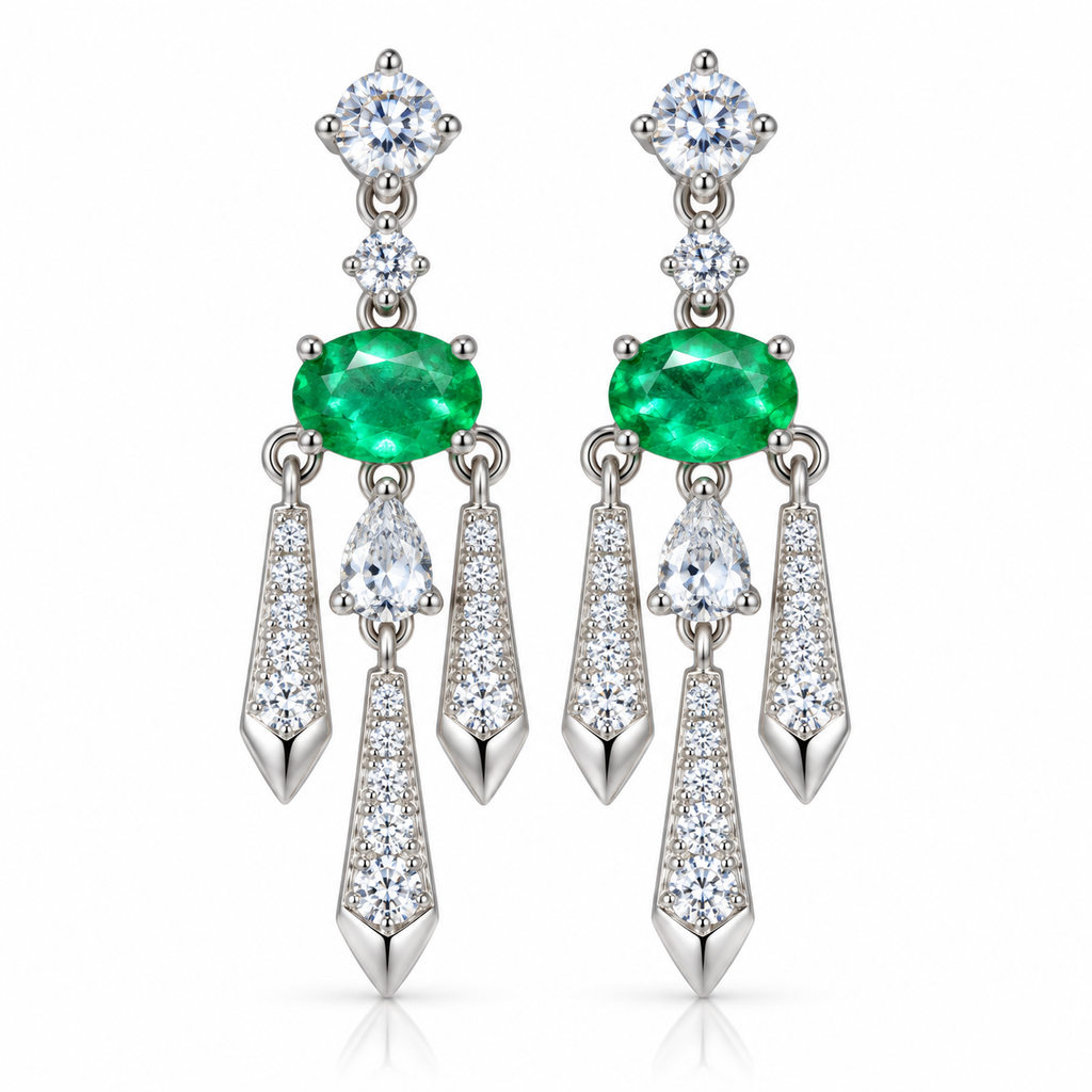Natural Emerald 4x6mm Oval Chandelier Dangle Earrings in 925 Sterling Silver with CZ