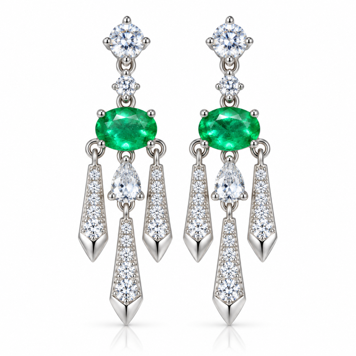 Natural Emerald 4x6mm Oval Chandelier Dangle Earrings in 925 Sterling Silver with CZ
