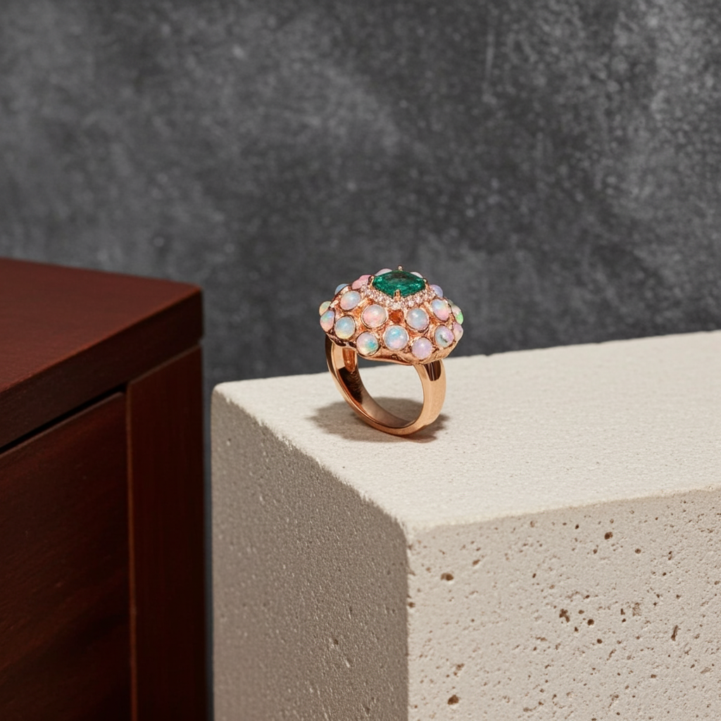 Fire Opal and Colombian Emerald Gemstone Statement Ring