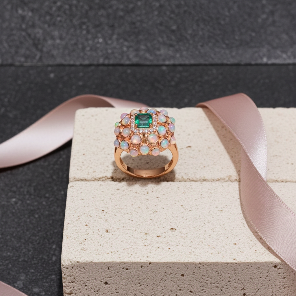 Fire Opal and Colombian Emerald Gemstone Statement Ring