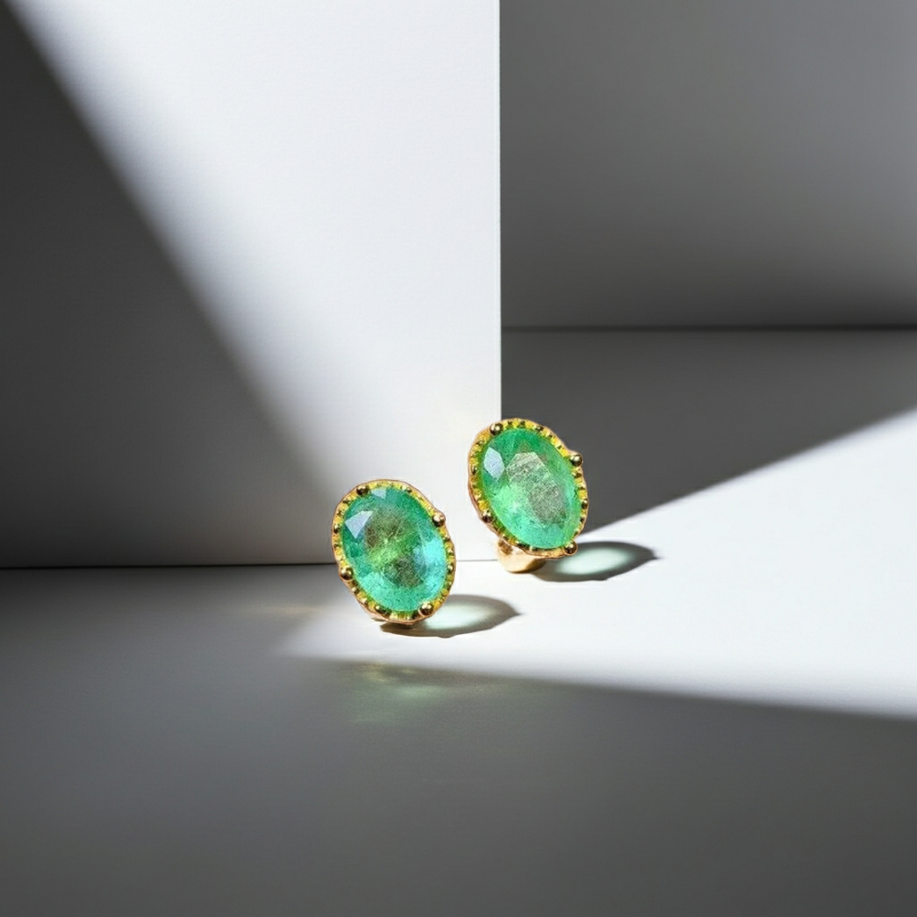 Bright Green Emerald Stud Earrings 5x7mm 14k Gold Plated