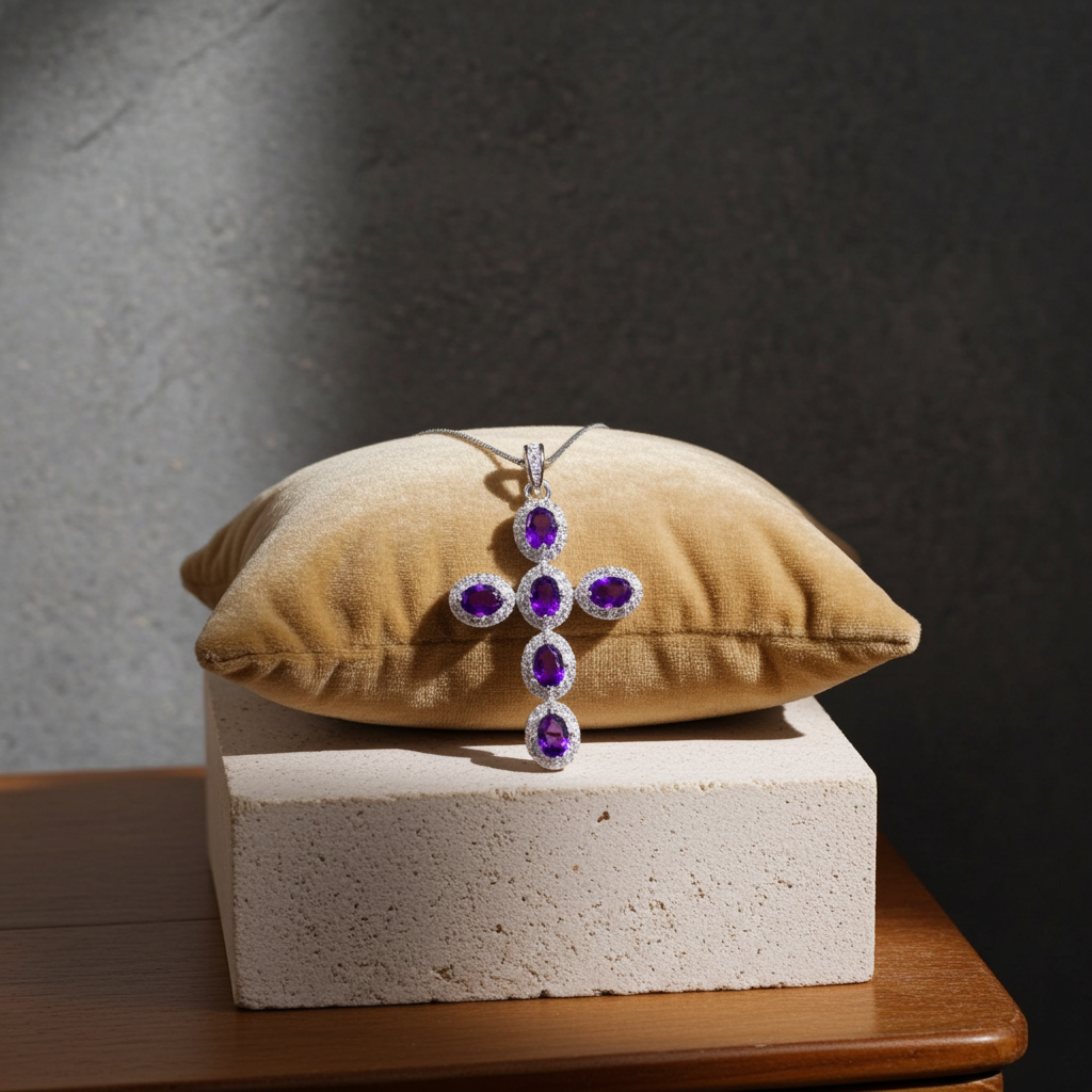 Purple Amethyst Cross Necklace 925 Sterling Silver