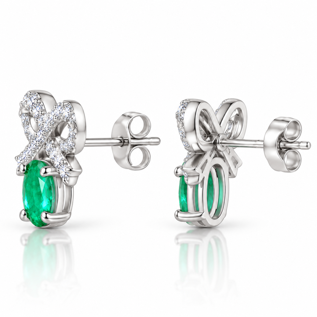 Natural Emerald 4x5mm Oval Bow Stud Earrings in 925 Sterling Silver with CZ