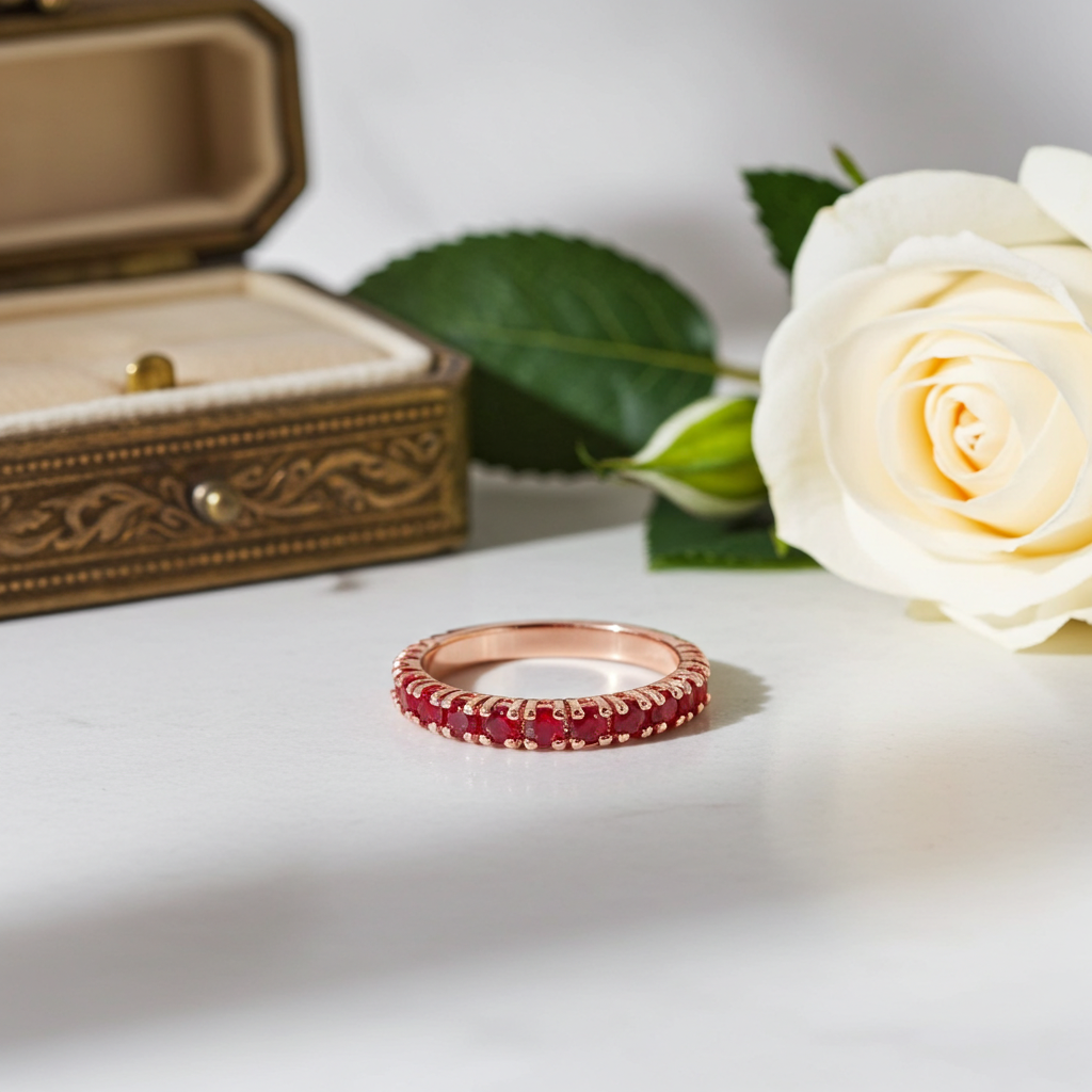 High Quality Natural Ruby Band Ring 2.5mm Sterling Silver Platinum Plated