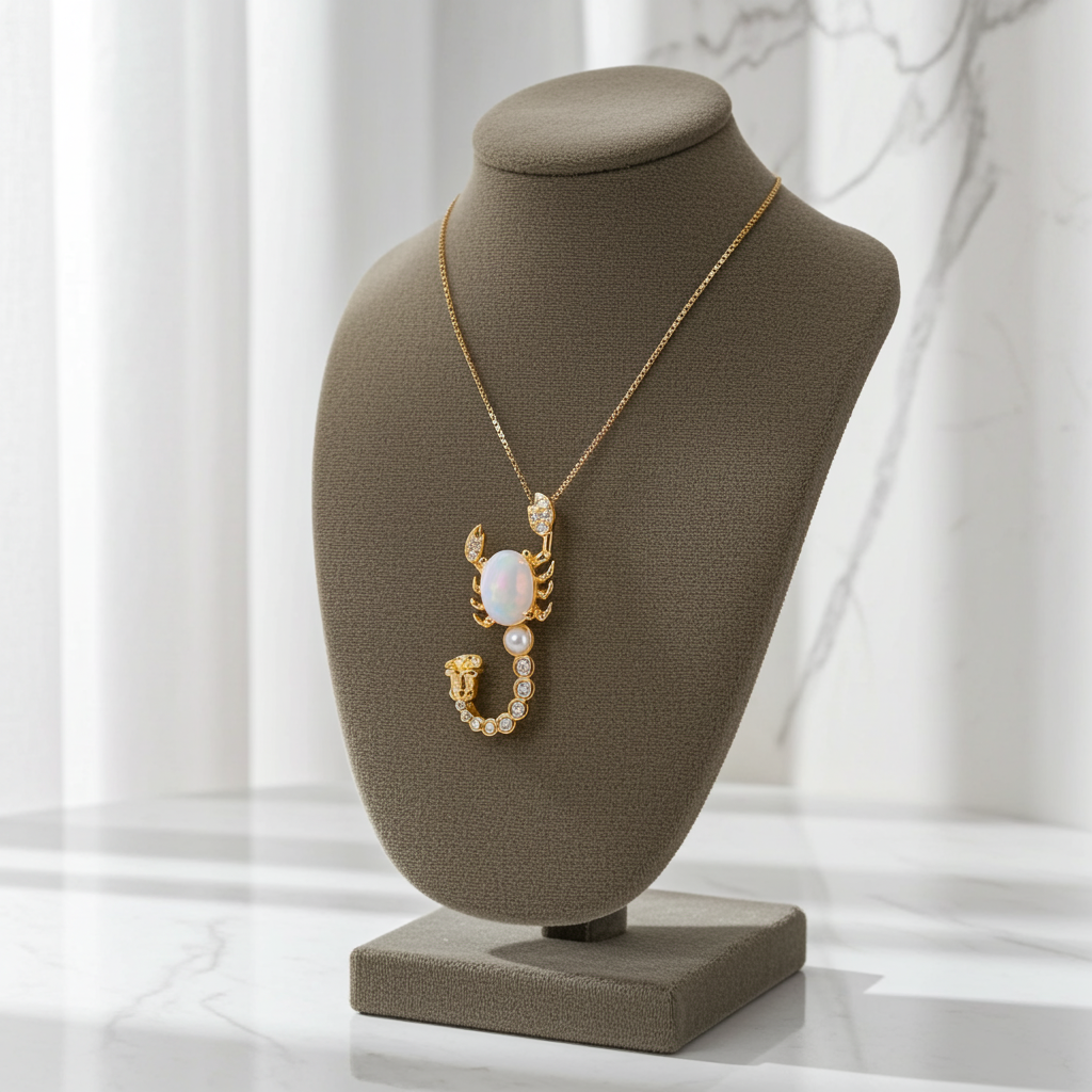 Natural White Fire Opal Scorpion Necklace 925 Sterling Silver