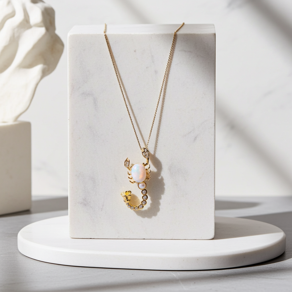 Natural White Fire Opal Scorpion Necklace 925 Sterling Silver