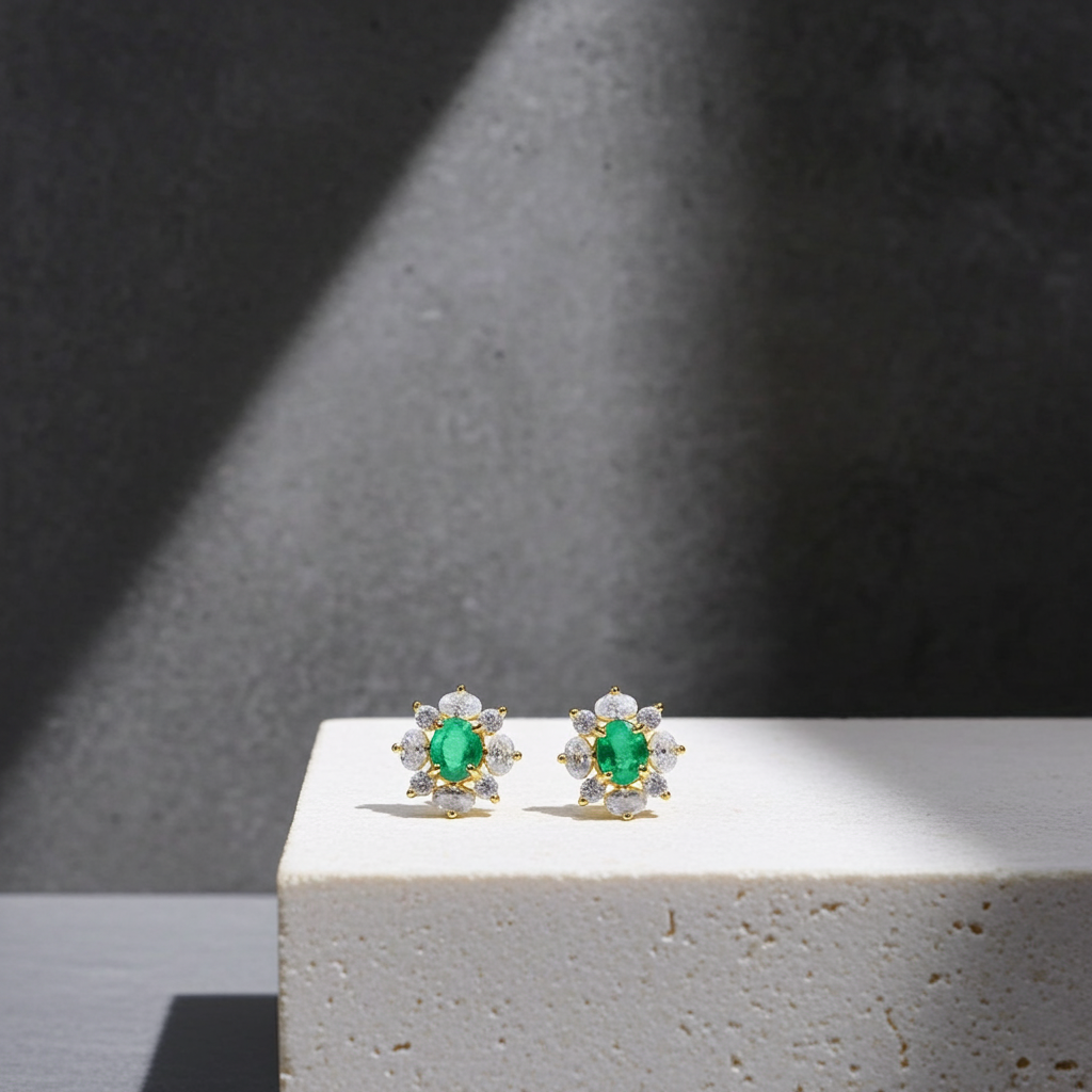 Dainty Zambian Emerald Stud Earrings 3x4mm 14k Gold Plated