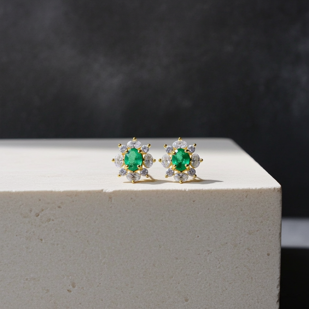 Dainty Zambian Emerald Stud Earrings 3x4mm 14k Gold Plated