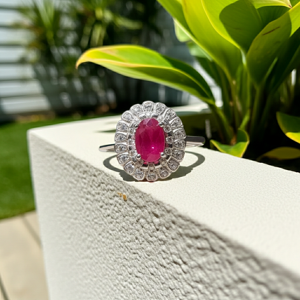 Natural Pink Ruby Ring 4x6mm, Burma Ruby Cluster Ring