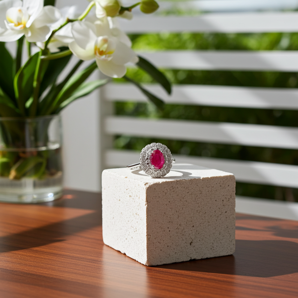 Natural Pink Ruby Ring 4x6mm, Burma Ruby Cluster Ring