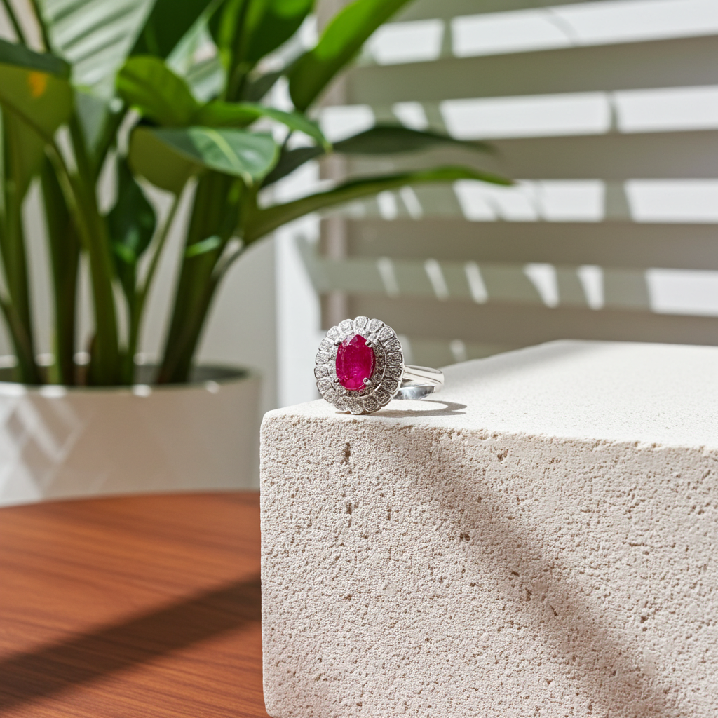 Natural Pink Ruby Ring 4x6mm, Burma Ruby Cluster Ring
