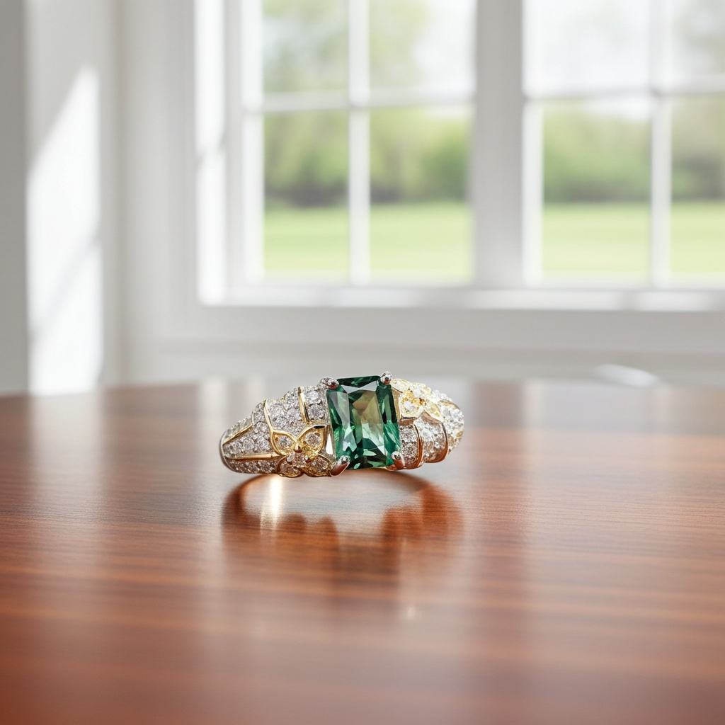 VVS1 1 Carat Radiant Cut Green Moissanite Ring