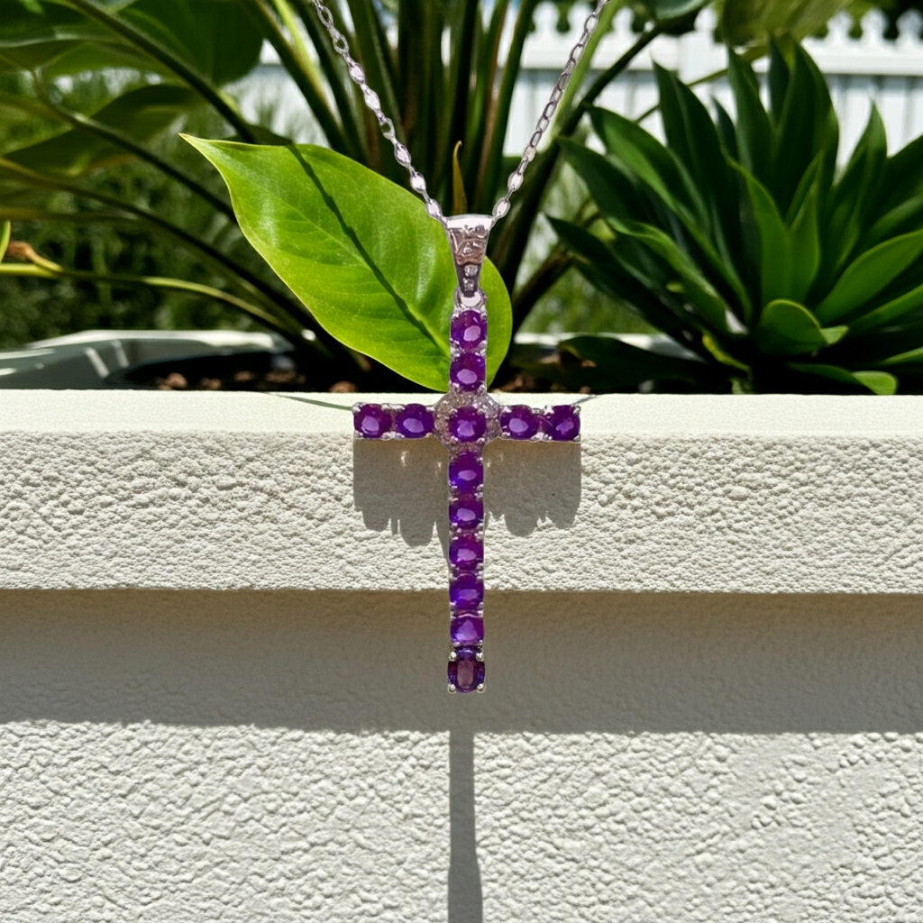 Natural Amethyst Cross Necklace 3mm 925 Sterling Silver