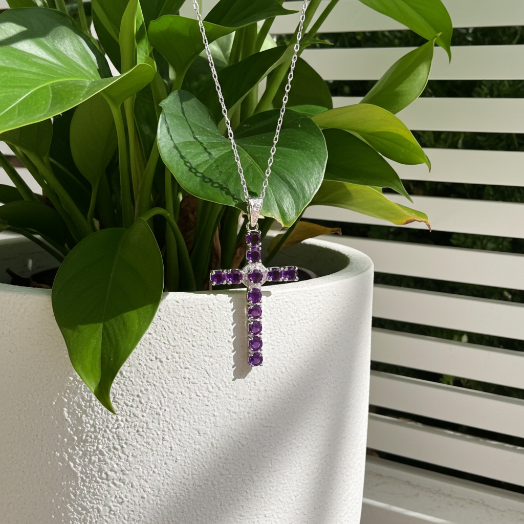 Natural Amethyst Cross Necklace 3mm 925 Sterling Silver