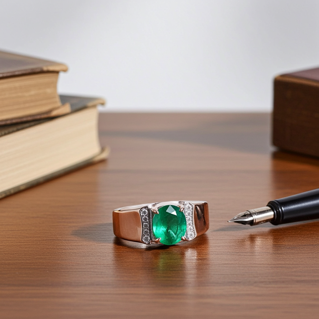 Men's Emerald Ring, Natural Emerald Gemstone Ring for Men 5x7mm Sterling Silver