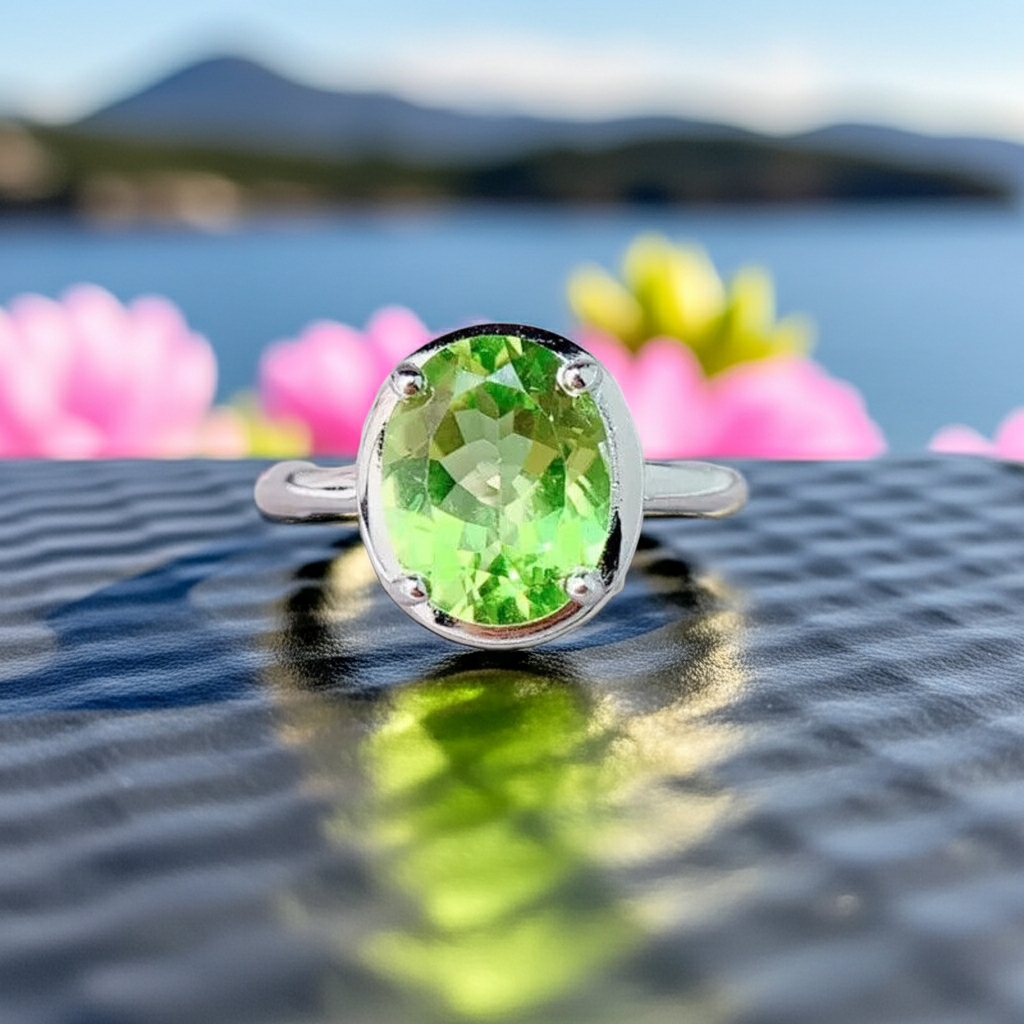 Natural Peridot Gemstone Ring 8x10mm 2.5CT, August Birthstone Peridot Ring