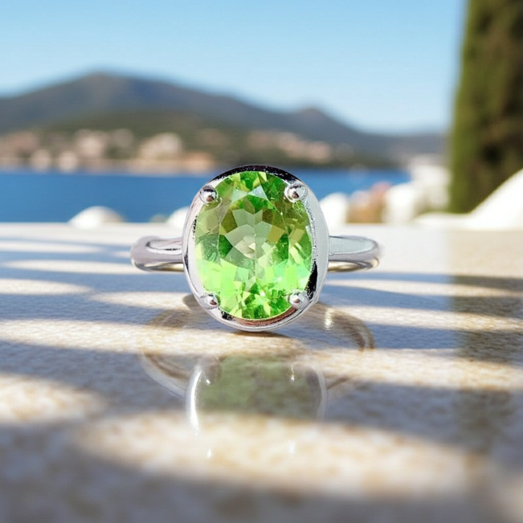Natural Peridot Gemstone Ring 8x10mm 2.5CT, August Birthstone Peridot Ring
