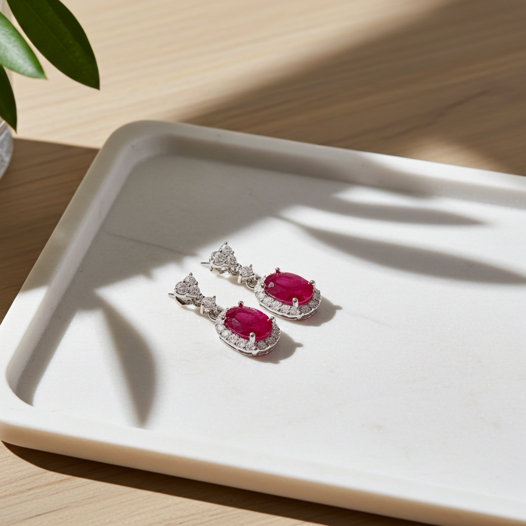 Delicate Ruby Dangle Earrings 925 Sterling Silver 5x7mm