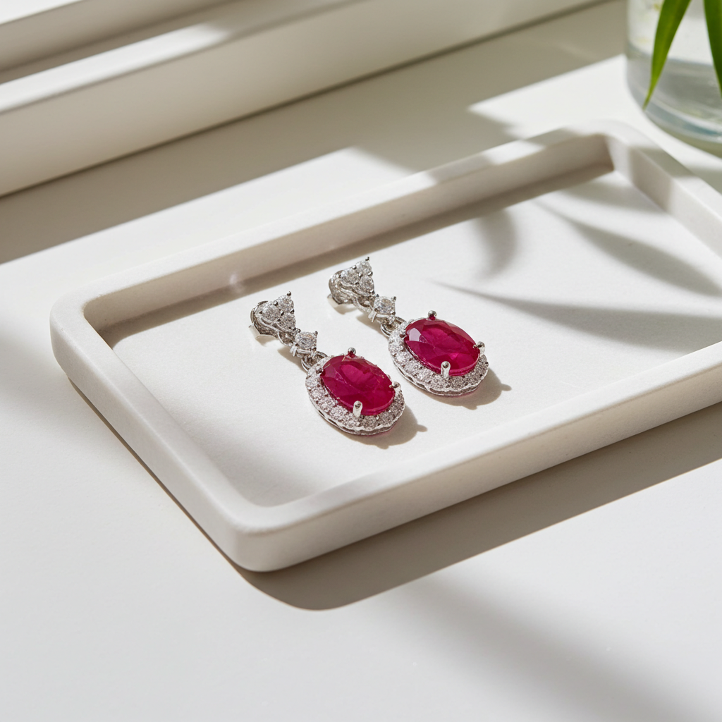 Delicate Ruby Dangle Earrings 925 Sterling Silver 5x7mm