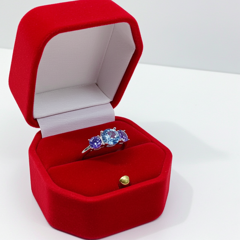 VVS1 Blue Moissanite 3 Stone Ring 925 Sterling Silver