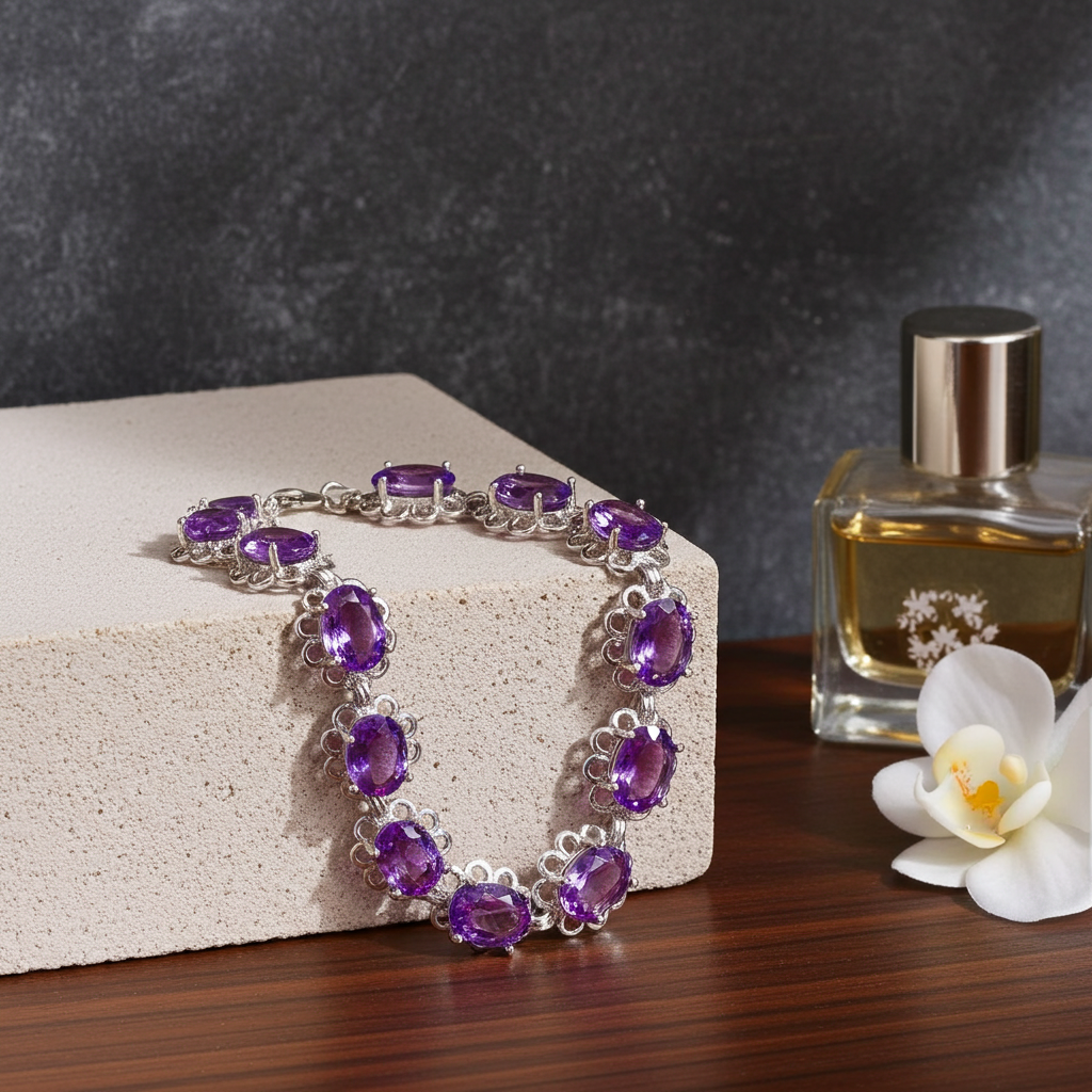 Natural Amethyst Flower Bracelet 5x7mm Sterling Silver