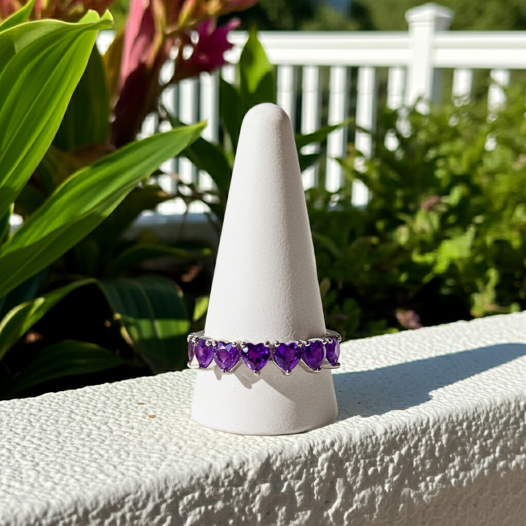 Heart Shaped Amethyst Band Ring 925 Sterling Silver