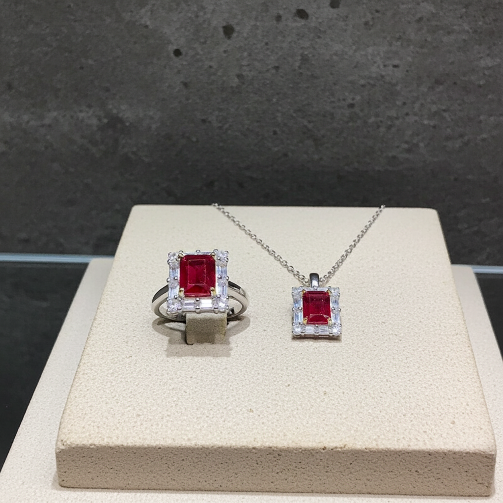 Natural Ruby Jewelry Set, Women's Ruby Pendant and Ring, Ruby Ring and Pendant