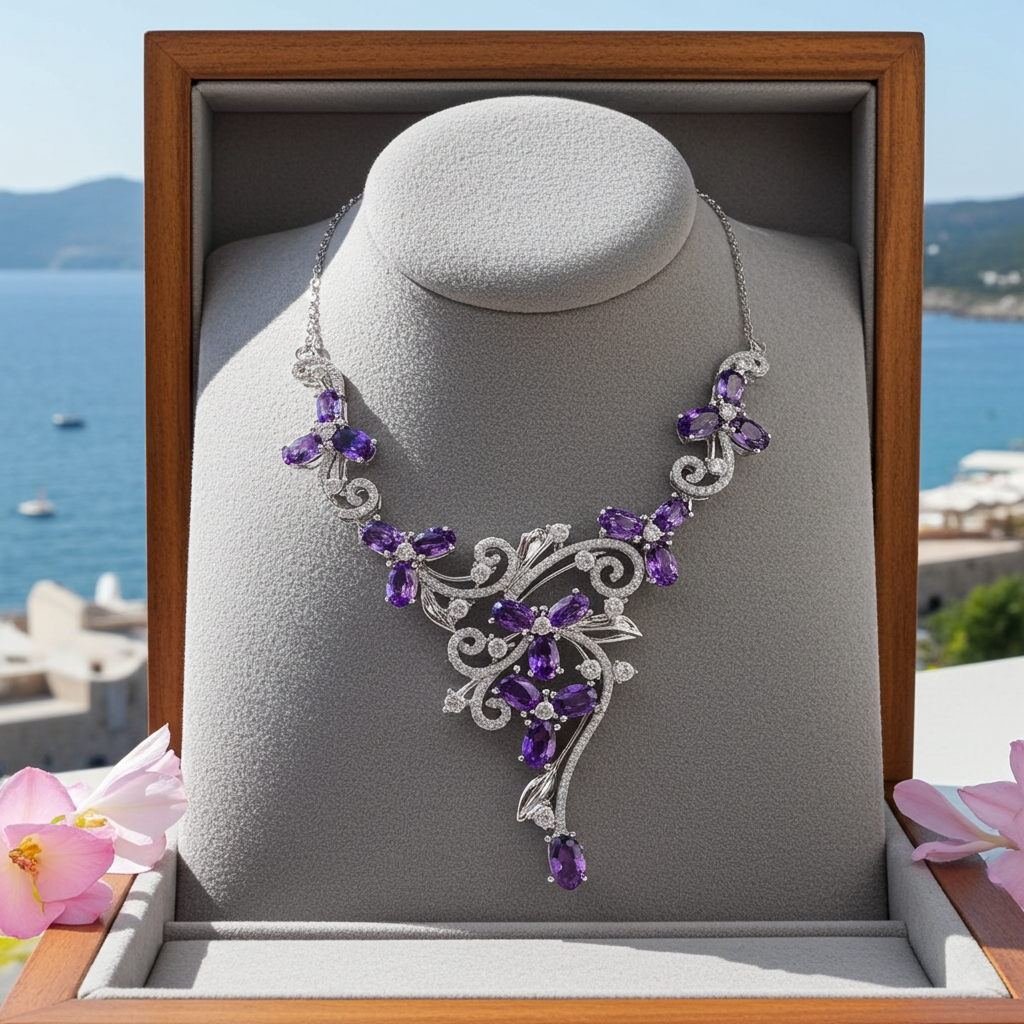 Amethyst Gemstone Flower Statement Necklace 925 Sterling
