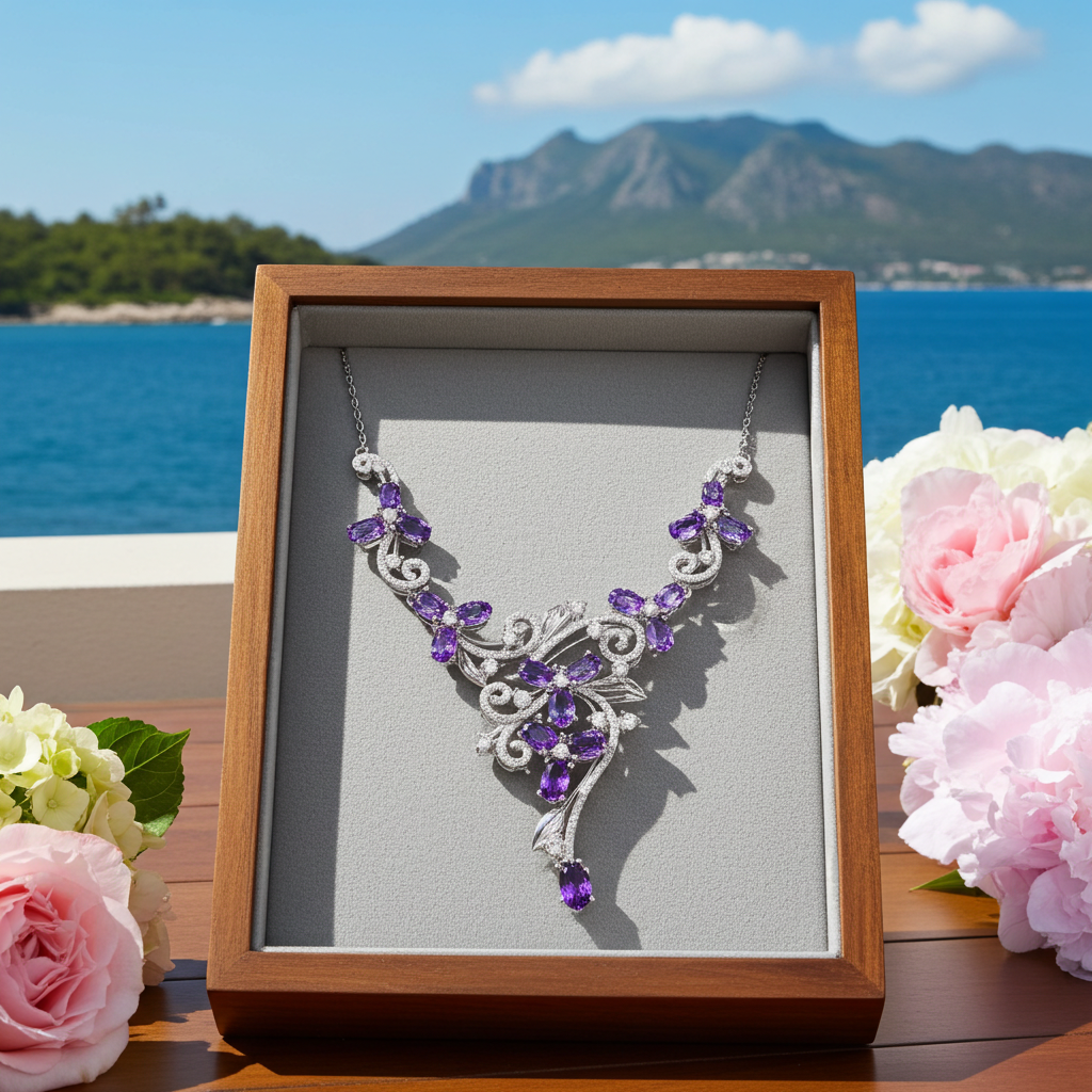 Amethyst Gemstone Flower Statement Necklace 925 Sterling