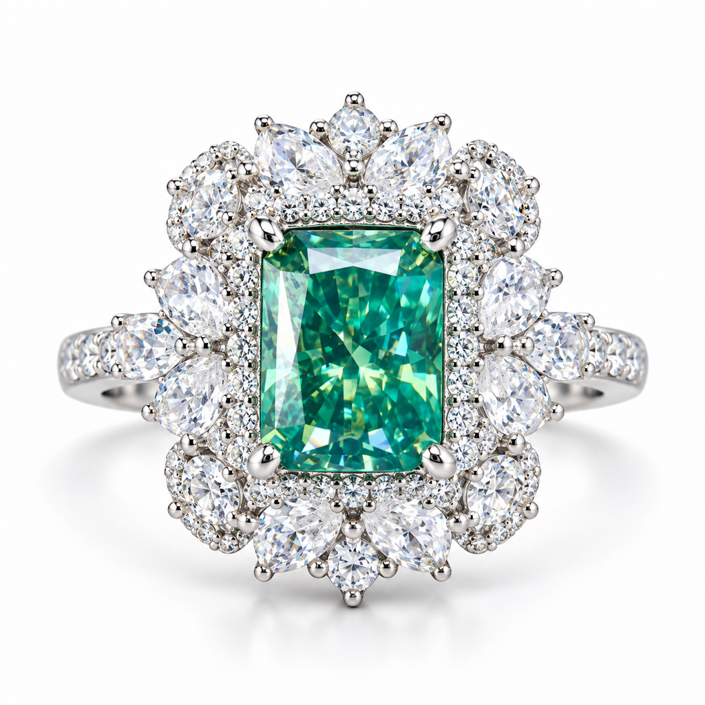 VVS1 green moissanite radiant cut halo ring in 925 sterling silver