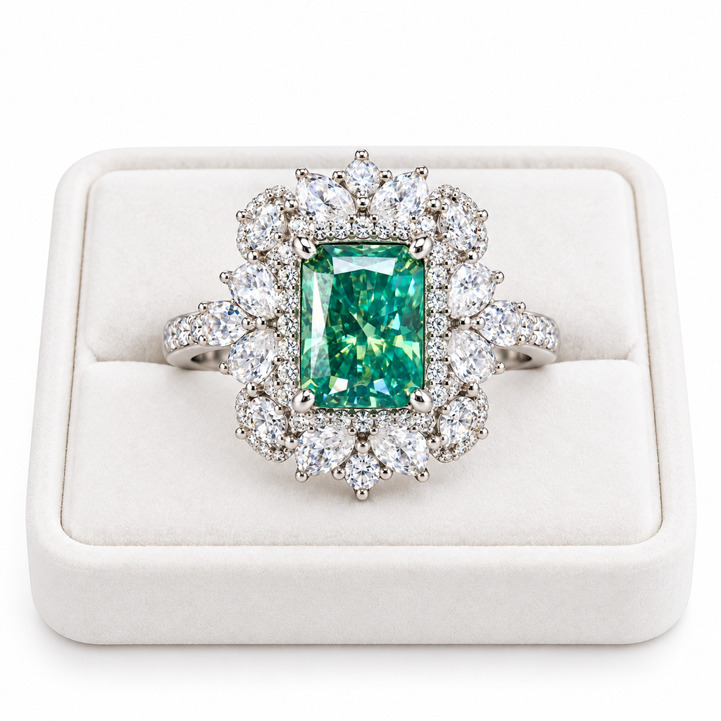 An emerald-cut green gemstone ring with a halo of round and marquise-cut clear stones on a silver-toned band, displayed in a white ring box.